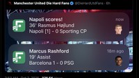 Rashford bikin assist dalam gol Barca saat kalah 1-2 dari PSG. Hojlund bikin 2 gol yang membantu Napoli menang 2-1 melawan Sporting. Foto: dok. Internet/X (Twitter)