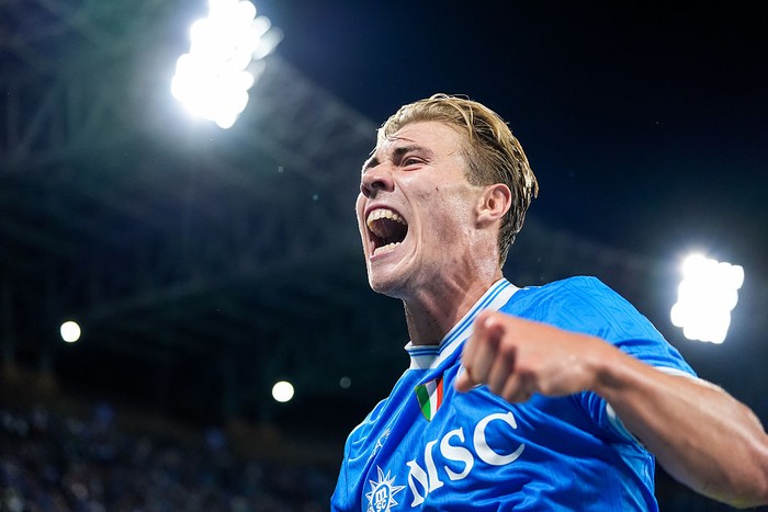 Rasmus Hojlund of SSC Napoli celebrates after scoring first goal during the UEFA Champions League 2025/26 League Phase MD2 match between SSC Napoli and Sporting Lisbon at Stadio Diego Armando Maradona on October 1, 2025 in Neaples, Italy. (Photo by Giuseppe Maffia/NurPhoto via Getty Images)