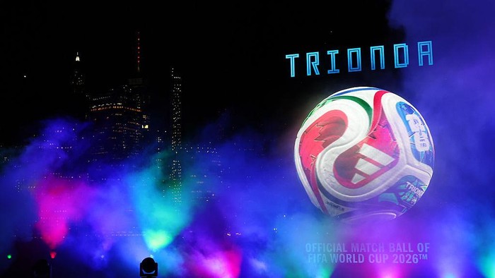 NEW YORK, NEW YORK - OCTOBER 02: General view has holograms are displayed during the official launch of the FIFA World Cup 2026 Match Ball 