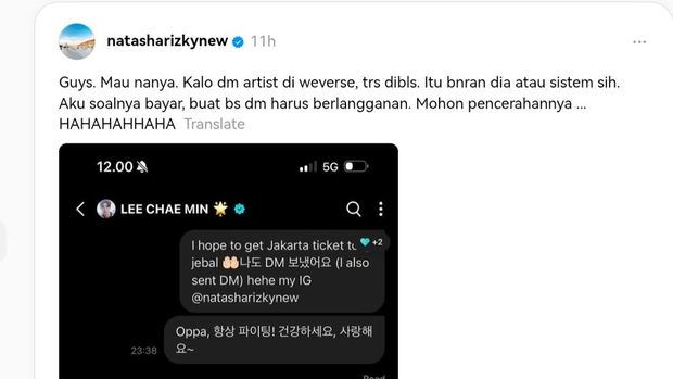 Natasha Rizki bingung di-chat Lee Chae Min