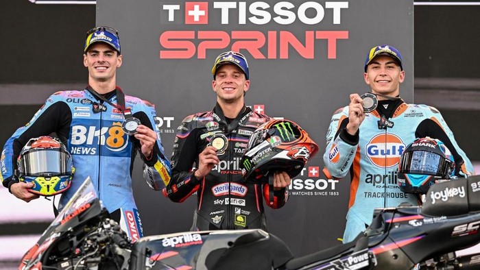 Podium Sprint Race MotoGP Mandalika 2025. Foto: AFP/SONNY TUMBELAKA