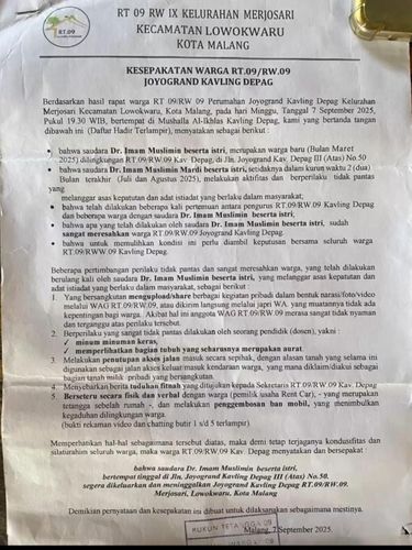 UIN Malang Surat kesepakatan pengusiran warga Perum Jotogrand Kavling Depag terhadap eks dosen UIN Malang, Yai Mim