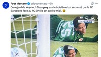 Beredar momen Wojciech Szczesny malah ketawa saat gawang Barcelona dibobol Sevilla. Duh. (Foto: X.com/@footmercato)