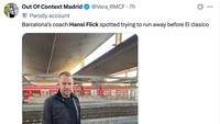 Pelatih Hansi Flick disebut mau kabur aja sebelum laga El Clasico melawan Real Madrid, yang digelar akhir bulan ini. Mau ke mana, sih? (Foto: X.com/@Vera_RMCF)