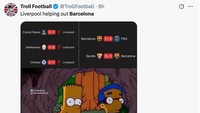Barcelona disebut mengikuti jejak Liverpool, yang sebelumnya menelan tiga kekalahan beruntun. Sahabatan deh mereka. (Foto: X.com/@TrollFootball)