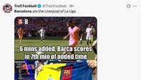 Di laga itu, Barcelona sempat diuntungkan usai Rashford memperkecil skor saat masa injury time babak pertama sedianya sudah lewat. Namun kekalahan tetap ditelan. (Foto: X.com/@TrollFootball)