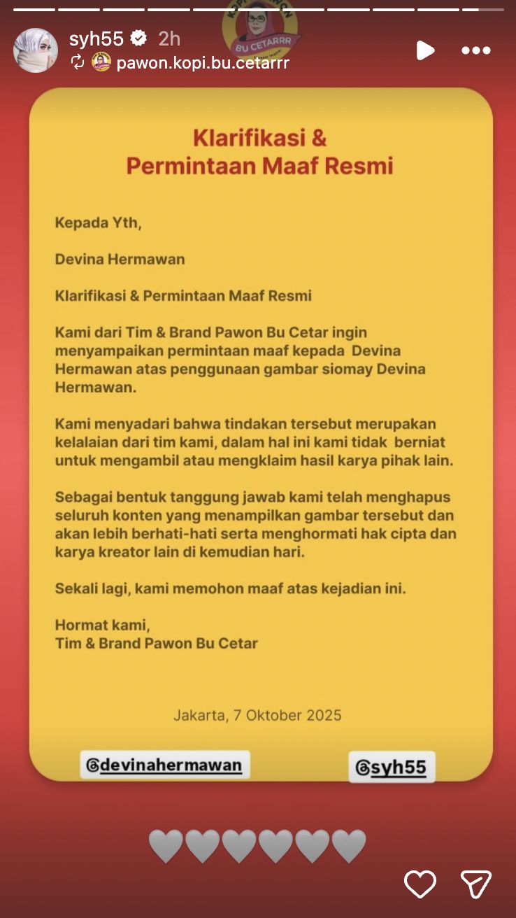 Permintaan Maaf Adik Syahrini usai Pakai Foto Siomay Chef Devina