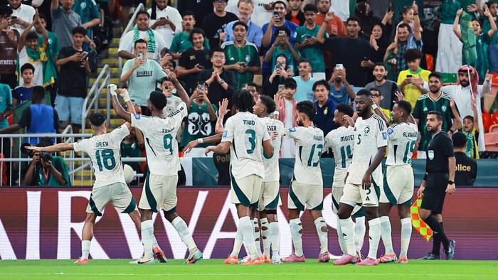 Soccer Football - FIFA World Cup - AFC Qualifiers - Group B - Indonesia v Saudi Arabia - King Abdullah Sports City, Jeddah, Saudi Arabia - October 8, 2025 Saudi Arabias Feras Al-Brikan celebrates scoring their second goal with teammates REUTERS/Stringer
