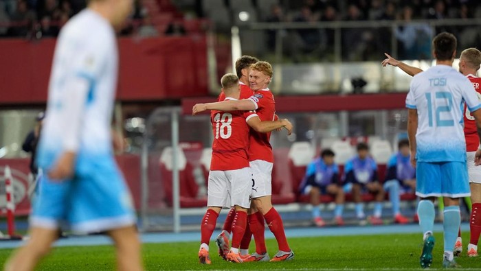 VIENNA, AUSTRIA - OCTOBER 9: Team Austria celebrates the goal to 1:0 during the FIFA World Cup 2026 qualifier match between Austria and San Marino at Ernst-Happel-Stadion on October 9, 2025 in Vienna, Austria. (Photo by Guenther Iby/SEPA.Media /Getty Images)