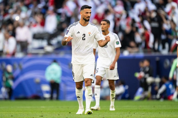 AL RAYYAN, QATAR - JANUARY 19: Rebin Sulaka of Iraq reacts after Iraqs second goal during the AFC Asian Cup Group D match between Iraq and Japan at Education City Stadium on January 19, 2024 in Al Rayyan, Qatar. (Photo by Markus Gilliar - GES Sportfoto/Getty Images)