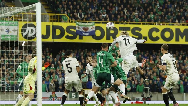 Soccer Football - FIFA World Cup - UEFA Qualifiers - Group A - Northern Ireland v Germany - Windsor Park, Belfast, Northern Ireland - October 13, 2025 Germany's Nick Woltemade scores their first goal REUTERS/Clodagh Kilcoyne