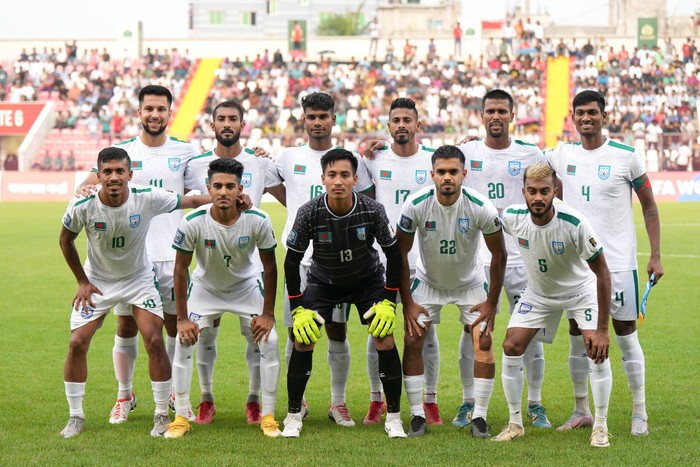The Indian team players are lining up before the qualification 2nd round for the FIFA World Cup 2026 and AFC Asian Cup 2027 group A match between Qatar and India at Jassim Bin Hamad Stadium in Qatar, on June 11, 2024. (Photo by Noushad Thekkayil/NurPhoto via Getty Images)