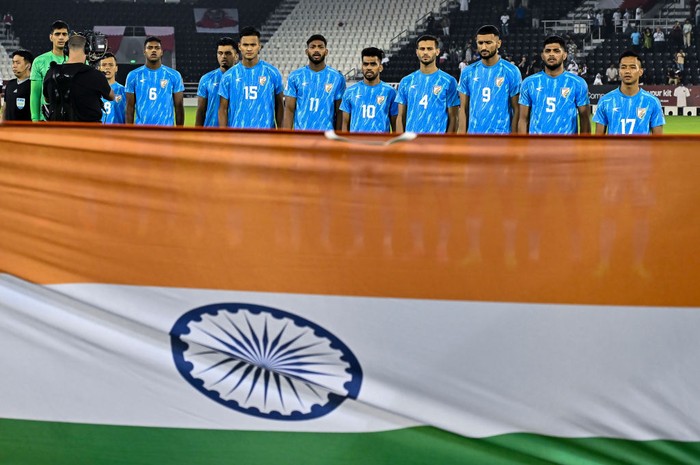 Timnas India, Timnas Pakistan, Timnas Bangladesh The Indian team players are lining up before the qualification 2nd round for the FIFA World Cup 2026 and AFC Asian Cup 2027 group A match between Qatar and India at Jassim Bin Hamad Stadium in Qatar, on June 11, 2024. (Photo by Noushad Thekkayil/NurPhoto via Getty Images)