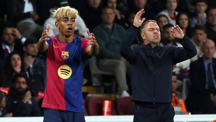 Lamine Yamal and Hansi Flick are present during the match between FC Barcelona and Football Club Internazionale Milano, corresponding to the first leg of the semifinals of the UEFA Champions League, at the Lluis Companys Stadium in Barcelona, Spain, on April 30, 2025. (Photo by Joan Valls/Urbanandsport/NurPhoto via Getty Images)