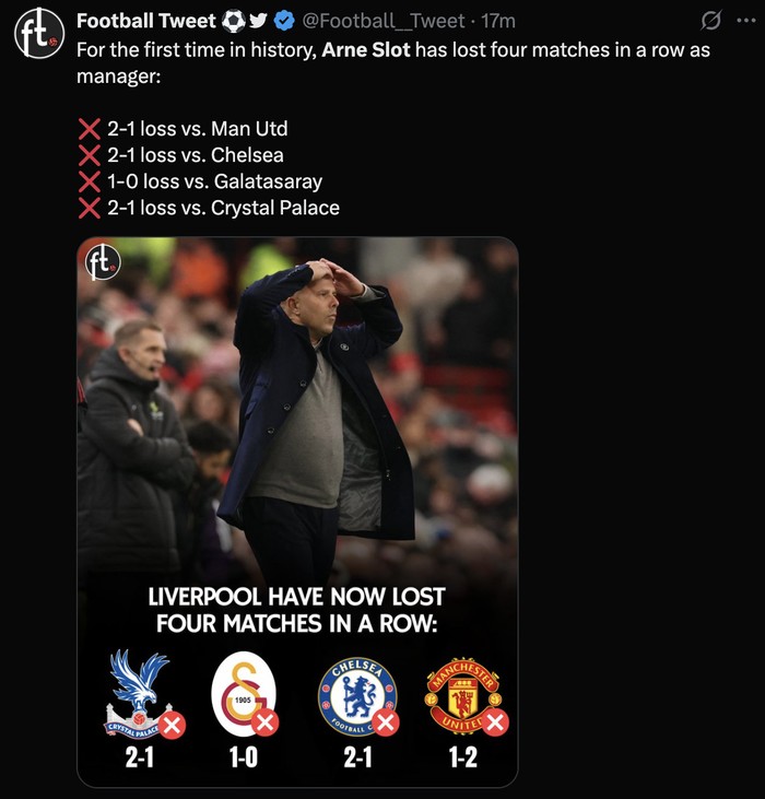 Meme Arne Slot Liverpool kembali menelan kekalahan di bawah Arne Slot. Fans yang kecewa menumpahkan kekesalan di media sosial lewat meme.