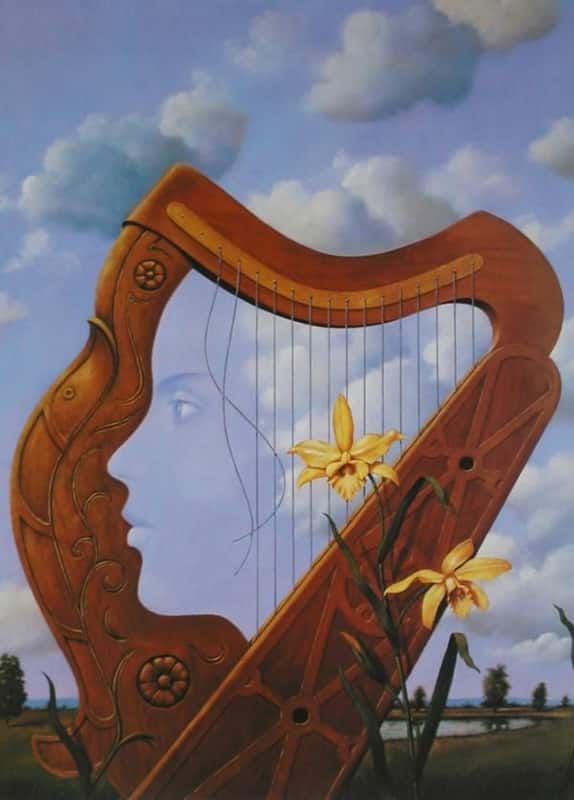 Tes kepribadian ilusi opsik, dari harpa, wajah seorang perempuan, dan bunga. Gambar pertama yang dilihat ungkap kepribadian tersembunyi.