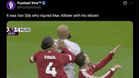 Ini angle lain dari serudukan Van Dijk kepada Mbeumo yang ikut bikin kepala Mac Allister kena sikut, sampai akhirnya harus pakai helm. Foto: dok. Internet/X (Twitter)