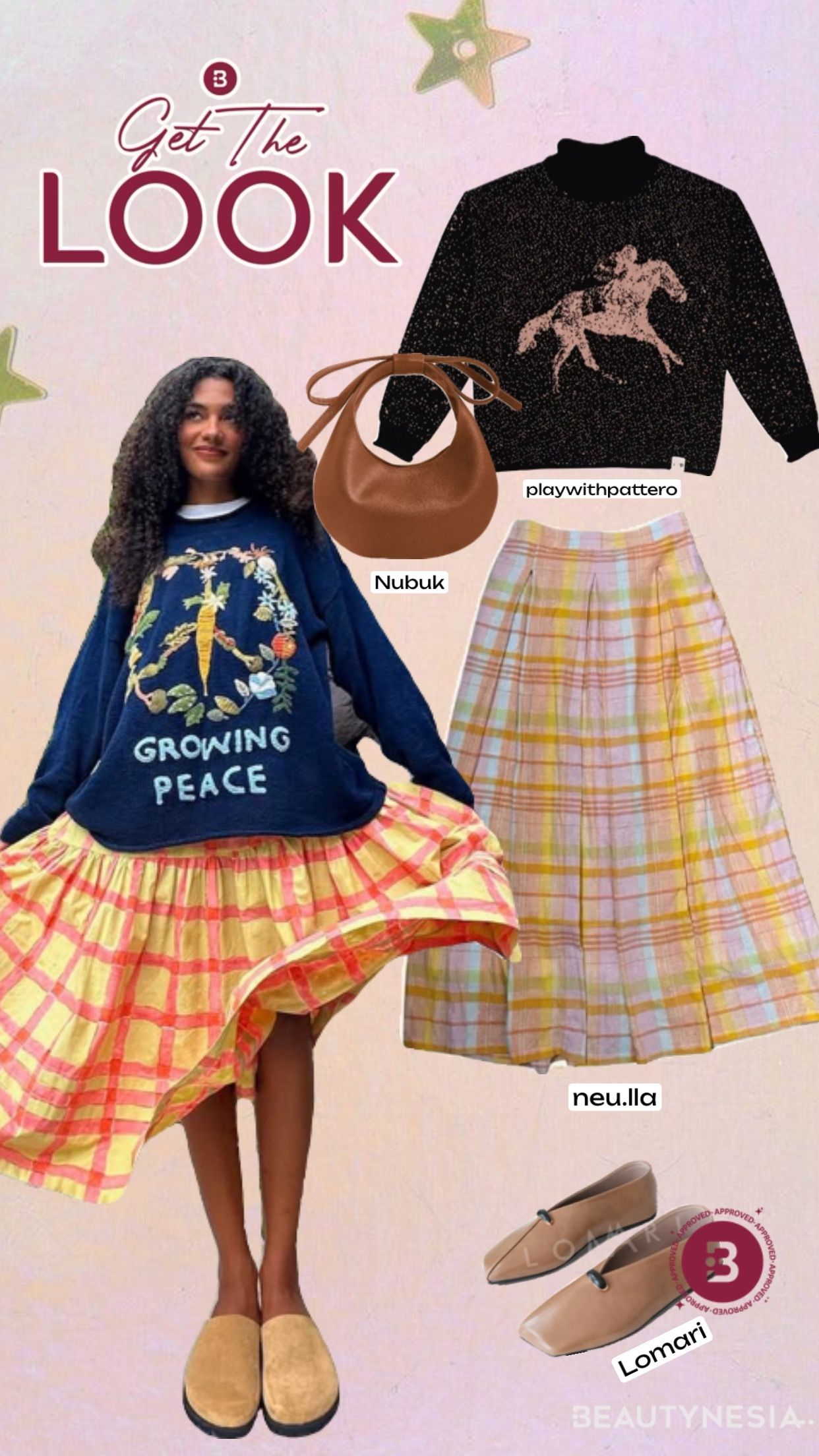 Kombinasi warna hangat dari plaid skirt memberikan kesan cerah dan ceria, bikin penampilan kamu jadi playful. Sementara itu, sweater dengan ilustrasi eye catching memberikan sentuhan quirky.