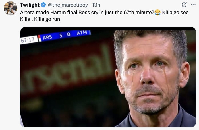 Meme Arsenal vs Atletico Madrid Meme Mikel Arteta mengalahkan Diego Simeone dalam 'derby haramball' antara Arsenal vs Atletico Madrid di Liga Champions.