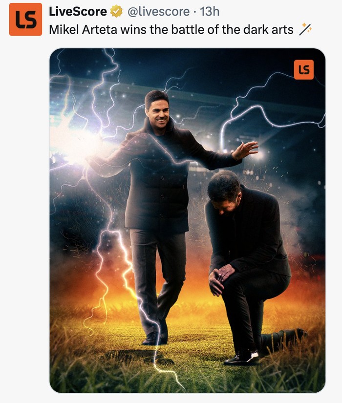 Meme Arsenal vs Atletico Madrid Meme Mikel Arteta mengalahkan Diego Simeone dalam 'derby haramball' antara Arsenal vs Atletico Madrid di Liga Champions.