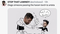 Kalau kata meme ini, Diego Simeone memberikan obor haramball kepada Arteta sebagai simbol penerus sepakbola negatif usai kekalahan Atletico dari Arsenal. (Foto: Twitter)