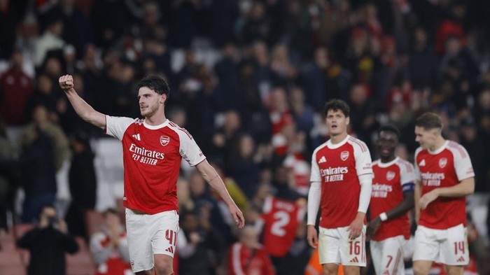 Soccer Football - UEFA Champions League - Arsenal v Atletico Madrid - Emirates Stadium, London, Britain - October 21, 2025 Arsenals Declan Rice celebrates after the match Action Images via Reuters/Andrew Couldridge
