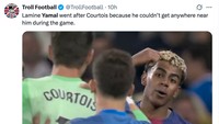 Begini momen Yamal coba mendekati Thibaut Courtois, usai kesulitan menemuinya sepanjang laga. Duh. (Foto: X.com/@TrollFootball) Begini momen Yamal coba mendekati Thibaut Courtois, usai kesulitan menemuinya sepanjang laga. Duh. (Foto: X.com/@TrollFootball)