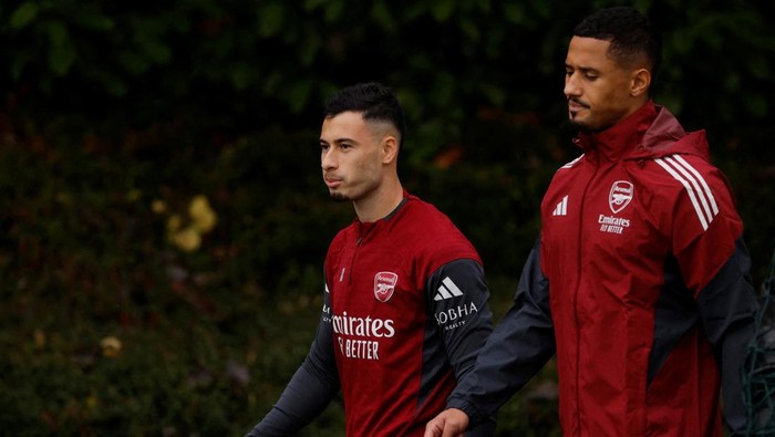 Gabriel Martinelli FILE PHOTO: Soccer Football - UEFA Champions League - Arsenal Training - Arsenal Training Centre, London Colney, Britain - October 20, 2025 Arsenals Gabriel Martinelli and William Saliba during training Action Images via Reuters/Andrew Couldridge/File Photo