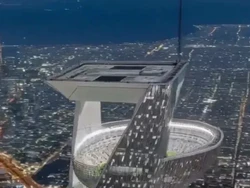 Ini tangkapan layar stadion langit yang sedang viral. Stadion itu dinarasikan berada 350 meter di atas tanah dan akan dibangun di kota Neom. Foto: dok. Internet/X (Twitter) @ImpactMediaFR