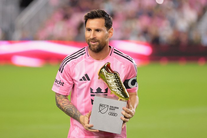Lionel Messi Oct 24, 2025; Fort Lauderdale, Florida, USA; Inter Miami CF forward Lionel Messi (10) is presented with the MLS Golden Boot for the most goals scored during the regular season before the game against the Nashville SC at Chase Stadium. Mandatory Credit: Sam Navarro-Imagn Images