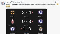 Fans pun mengolok-olok Chelsea dengan menyebut kartu merah sebagai bagian dari permainan London Biru sekarang. (Foto: Twitter) Fans pun mengolok-olok Chelsea dengan menyebut kartu merah sebagai bagian dari permainan London Biru sekarang. (Foto: Twitter)