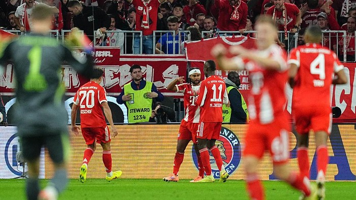 Serge Gnadry (Bayern Munich)  scores and celebrates his teams first goal during the 1.Bundesliga match between FC Bayern München and Leverkusen at Allianz arena, Munich, Germany on November 1, 2025.  (Photo by Ulrik Pedersen/NurPhoto via Getty Images)