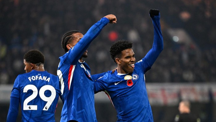 LONDON, ENGLAND - NOVEMBER 08: Joao Pedro of Chelsea celebrates with teammate Estevao after scoring his teams second goal during the Premier League match between Chelsea and Wolverhampton Wanderers at Stamford Bridge on November 08, 2025 in London, England. (Photo by Darren Walsh/Chelsea FC via Getty Images)