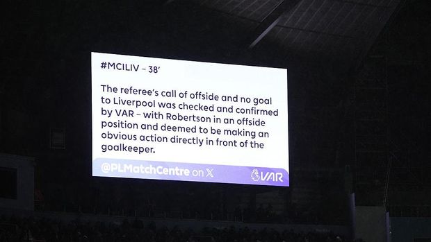 A general view of the VAR check that ruled out Liverpool's Virgil van Dijk first goal of the game during the Premier League match at Etihad Stadium, Manchester. Picture date: Sunday November 9, 2025. (Photo by Nick Potts/PA Images via Getty Images)