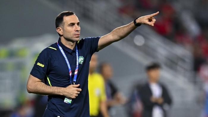 Timur Kapadze, the Head Coach of Uzbekistan, is reacting during the AFC U23 Asian Cup Qatar 2024 Semi-Final match between Indonesia and Uzbekistan at Abdullah Bin Khalifa Stadium in Doha, Qatar, on April 29, 2024. (Photo by Noushad Thekkayil/NurPhoto via Getty Images)