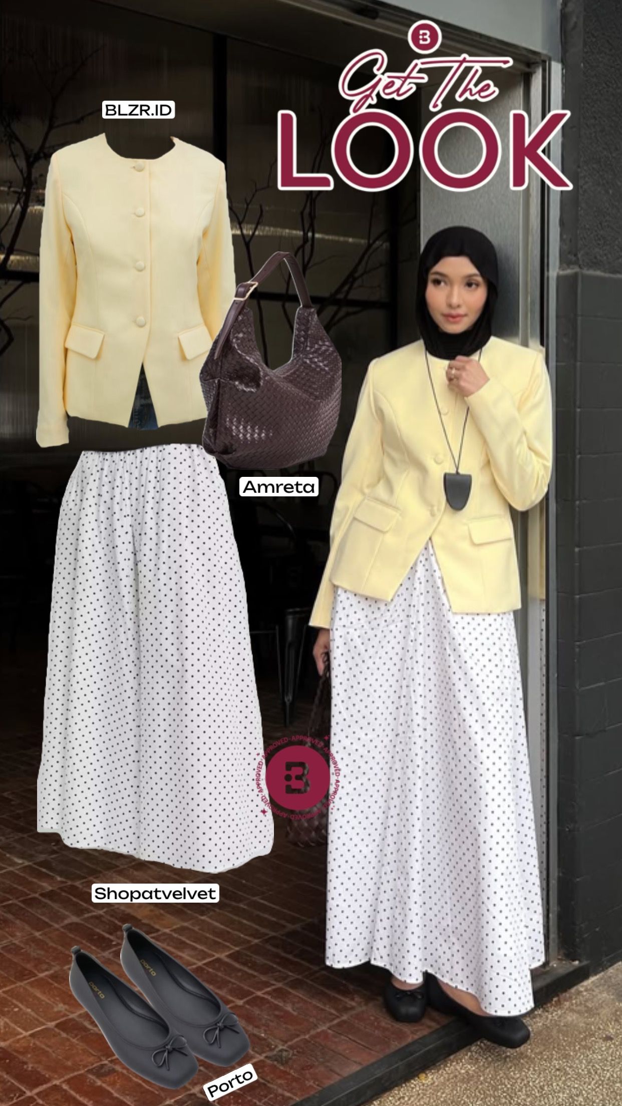 Rok motif polkadot dipadukan dengan blazer kuning yang eye catching membuat penampilan kamu jadi playful dan chic.