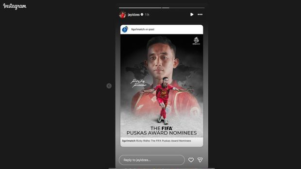 Jay Idzes turut bangga Rizky Ridho masuk nominasi Puskas Award 2025. (Tangkapan Layar Instagram @jayidzes)