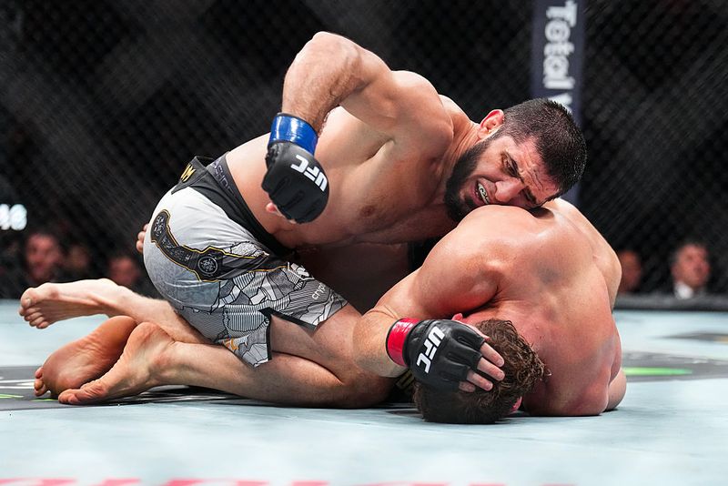 Islam Makhachev NEW YORK, NEW YORK - NOVEMBER 15: (L-R) Islam Makhachev of Russia strikes Jack Della Maddalena of Australia in the UFC welterweight championship fight during the UFC 322 event at Madison Square Garden on November 15, 2025 in New York City. (Photo by Chris Unger/Zuffa LLC)