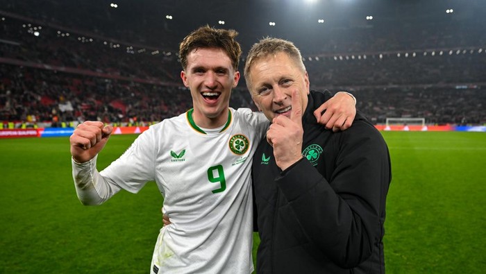 Hungary , Hungary - 16 November 2025; Republic of Ireland head coach Heimir Hallgrimsson and Johnny Kenny of Republic of Ireland celebrate after the FIFA World Cup 2026 Group F Qualifier match between Hungary and Republic of Ireland at Puskás Aréna in Budapest, Hungary. (Photo By Stephen McCarthy/Sportsfile via Getty Images)