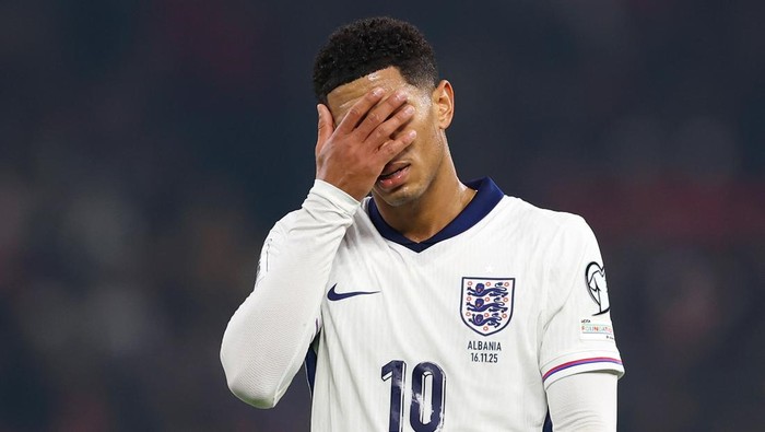 TIRANA, ALBANIA - NOVEMBER 16: Jude Bellingham of England reacts during the FIFA World Cup 2026 qualifier match between Albania and England at Air Albania Stadium on November 16, 2025 in Tirana, Albania. (Photo by Alex Pantling/Getty Images)