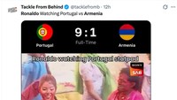 Ronaldo malah sedih tak bisa ikutan pesta gol Portugal, yang diborong Joao Neves dan Bruno Fernandes. (Foto: X.com/@tacklefromb)