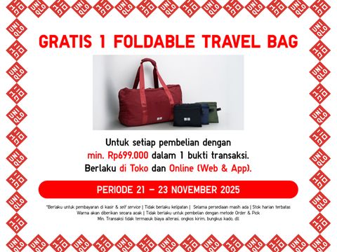 Sebagai bentuk apresiasi tambahan, UNIQLO juga memberikan hadiah eksklusif berupa Foldable Travel Bag yang tersedia pada 21–23 November 2025 dengan minimum pembelanjaan Rp699 ribu (tidak berlaku kelipatan), baik untuk pembelian di toko maupun online, selama persediaan masih ada.