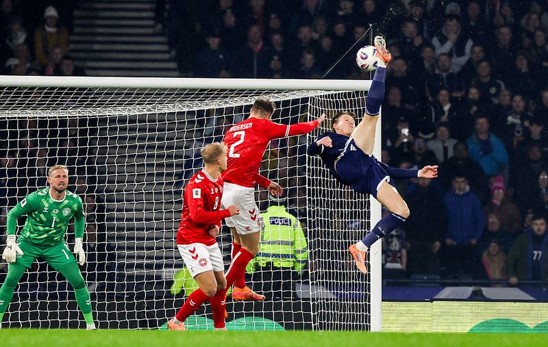GLASGOW, SCOTLAND - NOVEMBER 18: Scotland's Scott McTominay scores to make it 1-0 during a FIFA World Cup 2026 Qualifier between Scotland and Denmark at Hampden Park, on November 18, 2025, in Glasgow, Scotland. (Photo by Craig Williamson/SNS Group via Getty Images)