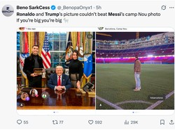 Kubu Messi membalas bahwa foto Ronaldo bersama Trump bahkan kalah populer dari foto Messi pulang ke Camp Nou. (Foto: X.com/@_BenopaOnyx1)