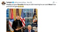 Ada yang meledek Ronaldo diberi kunci oleh Trump agar bisa mengurung Messi dan gagal menambah prestasi lagi. (Foto: X.com/@the_marcoliboy)