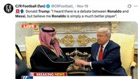 Ada yang mengedit potongan gambar berita Fox bahwa Trump menyebut Ronaldo adalah GOAT. Gak ada habisnya, ya! (Foto: X.com@CRFootball_)