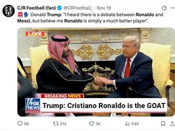 Ada yang mengedit potongan gambar berita Fox bahwa Trump menyebut Ronaldo adalah GOAT. Gak ada habisnya, ya! (Foto: X.com@CRFootball_)