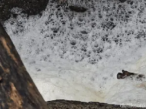 Air Berbusa Keluar dari Gorong-gorong di Pantai Cipatuguran Palabuhanratu
