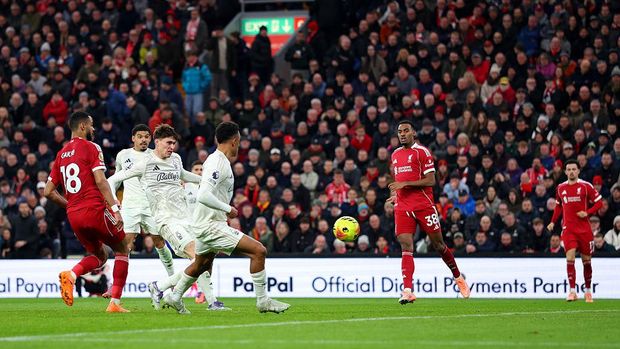 LIVERPOOL, ENGLAND - NOVEMBER 22: Nicolo Savona of Nottingham Forest scores his team's second goal during the Premier League match between Liverpool and Nottingham Forest at Anfield on November 22, 2025 in Liverpool, England. (Photo by Molly Darlington/Getty Images)