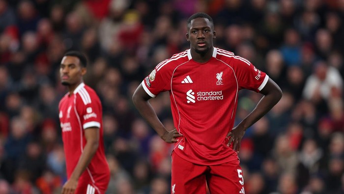 LIVERPOOL, ENGLAND - NOVEMBER 22: Ibrahima Konate of Liverpool looks on during the Premier League match between Liverpool and Nottingham Forest at Anfield on November 22, 2025 in Liverpool, England. (Photo by Molly Darlington/Getty Images)